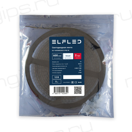 Лента светодиодная герметичная ELF 600SMD (2835), 12В, IP68, 5м, белый