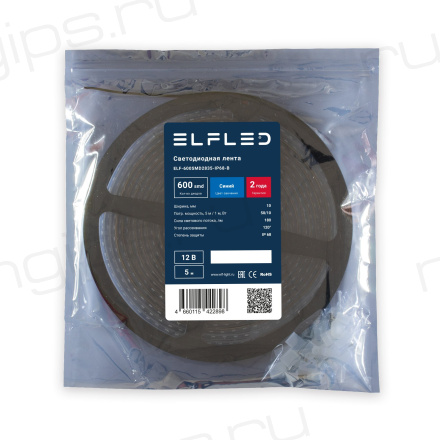 Лента светодиодная герметичная ELF 600SMD (2835), 12В, IP68, 5м, синий