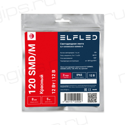 Лента светодиодная герметичная ELF GERMES, 600SMD (2835), 12В, IP65, 5м, красный