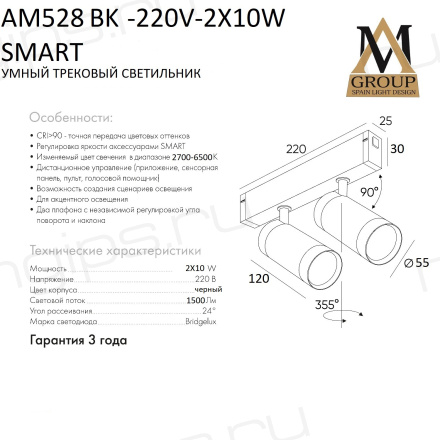 Трековый светильник SMART CYLINDER AM528 BK-220V-2Х10W SMART