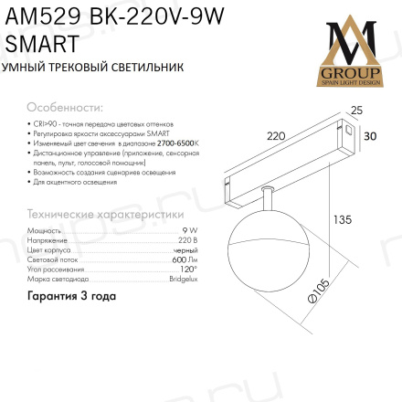Трековый светильник SMART OPAL AM529 BK-220V-9W SMART