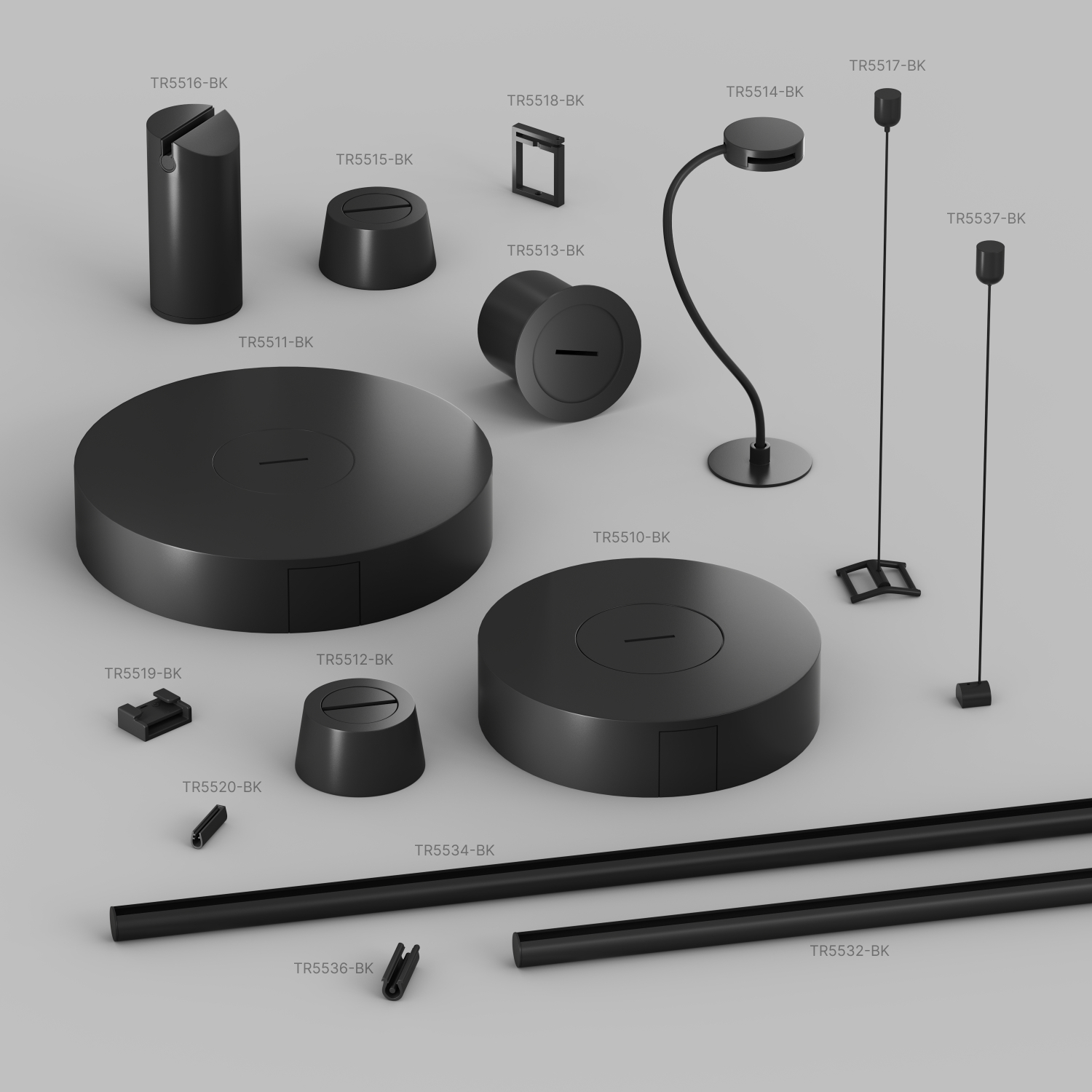 TR5513-BK Встраиваемое основание с возможностью подачи питания треку-ремню Belty, серия Base. Не вмещает блок питания. D100*H72мм, монтажный D90мм, IP20, черный, алюминий