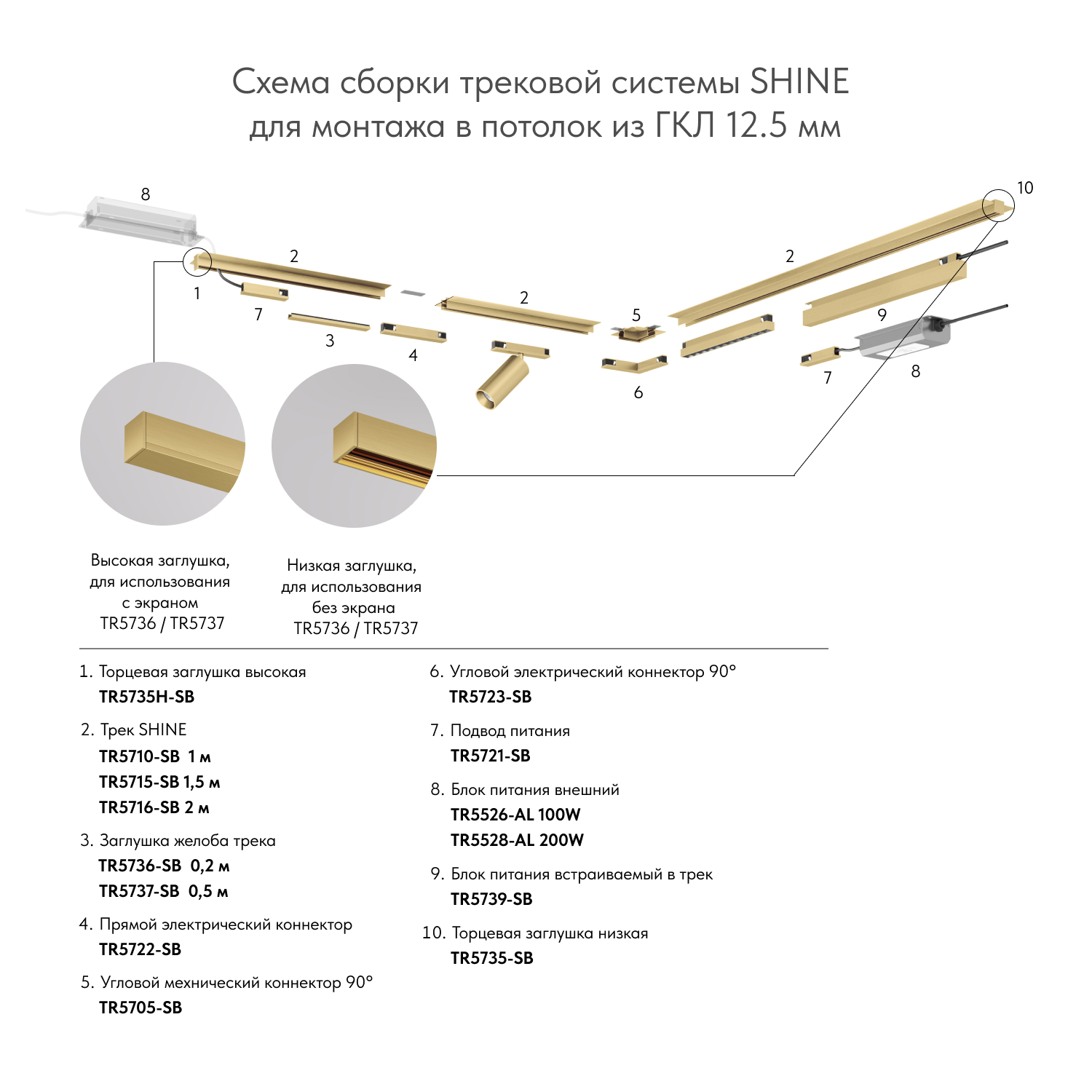 TR5735H-SB Торцевая заглушка, высокая, для использования с экраном, для трека Shine, серия Base, комплект 2 шт, сатинированная латунь, алюминий