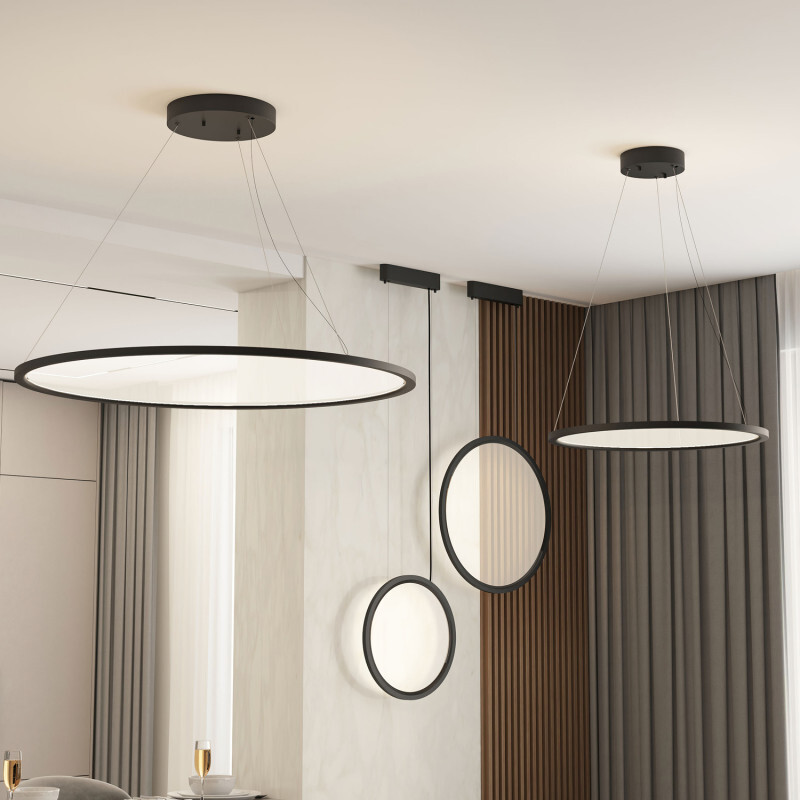 Подвесной светильник горизонтальный VEIL, 80 Вт, ?1000?В1500 мм, LED 2700-6000K, IP20, пульт Д/У (в комплекте), черный, алюминий, акрил